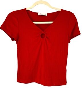 Hollister Crop Top Bodycon Bright Red Ribbed Short Sleeve Blouse Keyhole Ring S